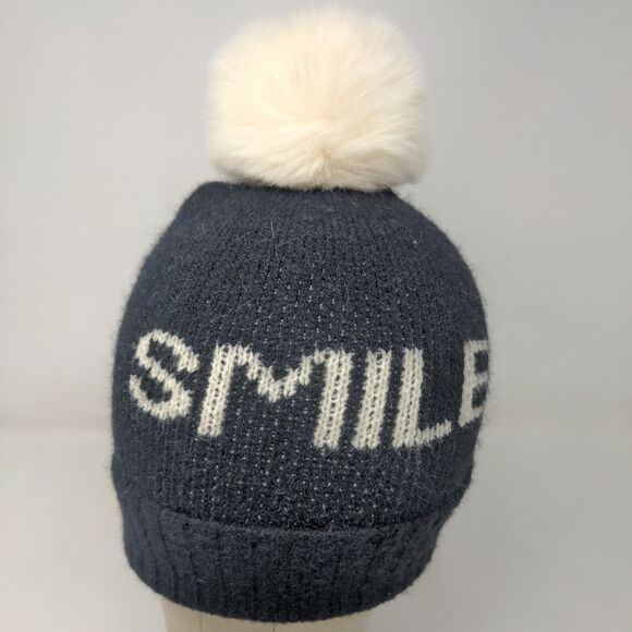 Unbranded Men's Knit Beanie Hat Black Acrylic Pomp Pom Smile Spell Out - Picture 3 of 11